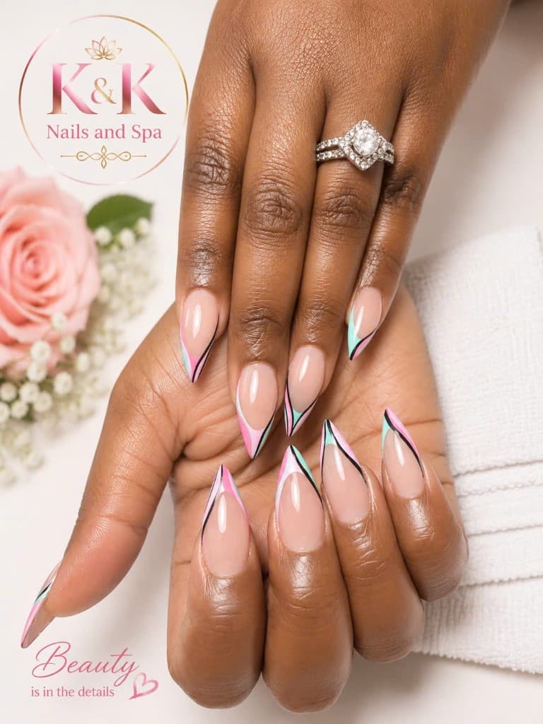 Abstract French manicure with mint and pink accents