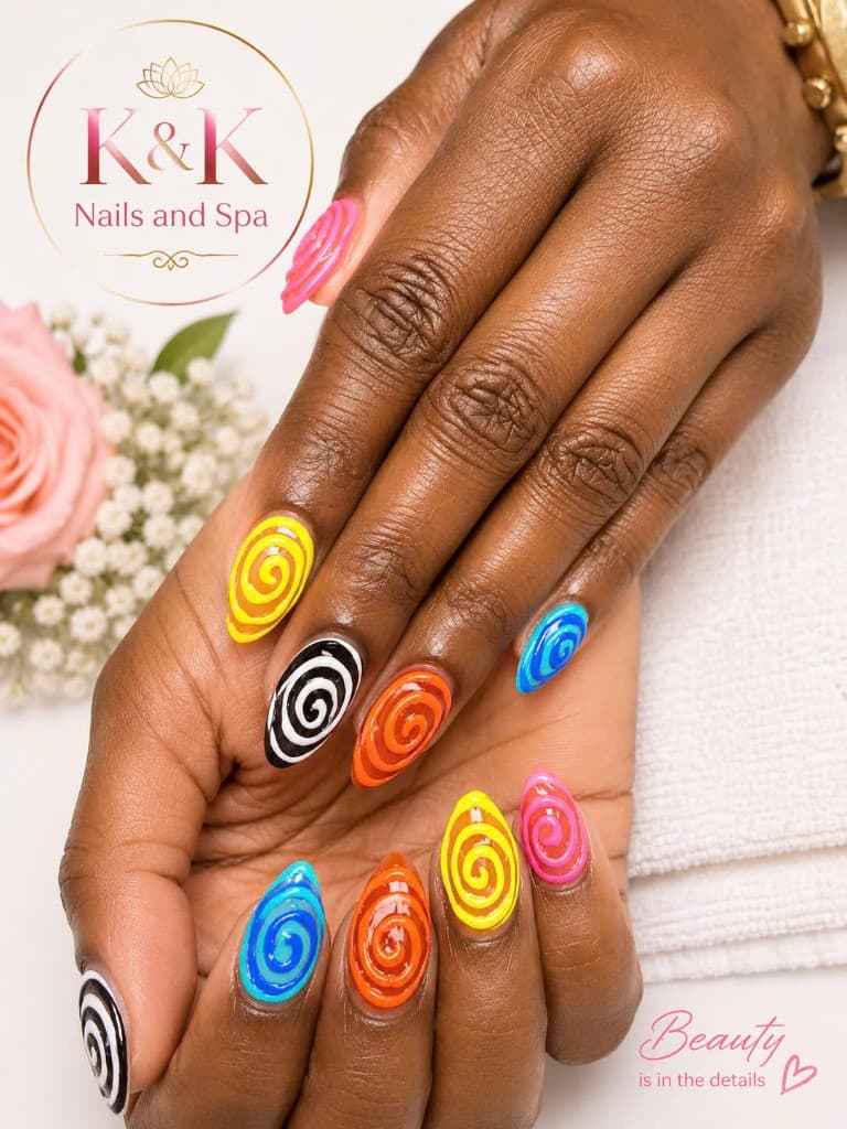 3D swirl nail art in vibrant colors