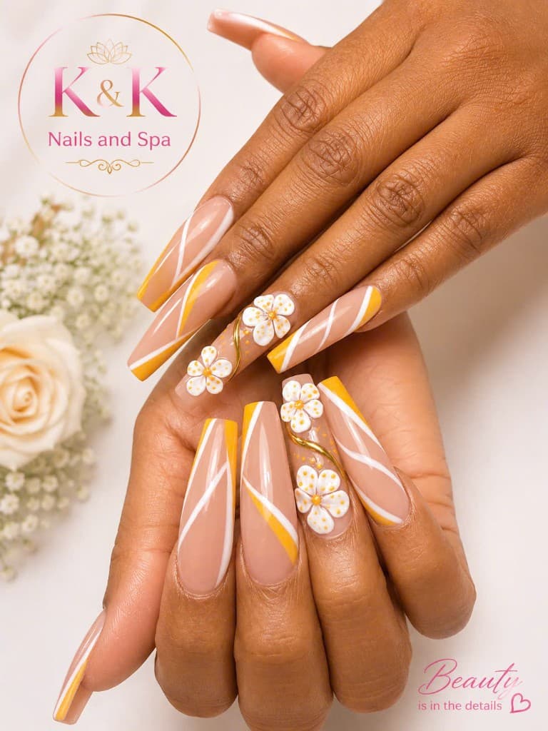 3D floral nail art with nude and yellow tips