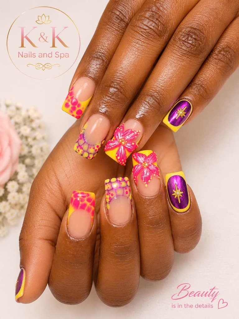 Floral 3D nail art with gold accents