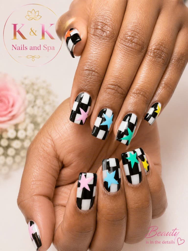 Checkerboard star nail art