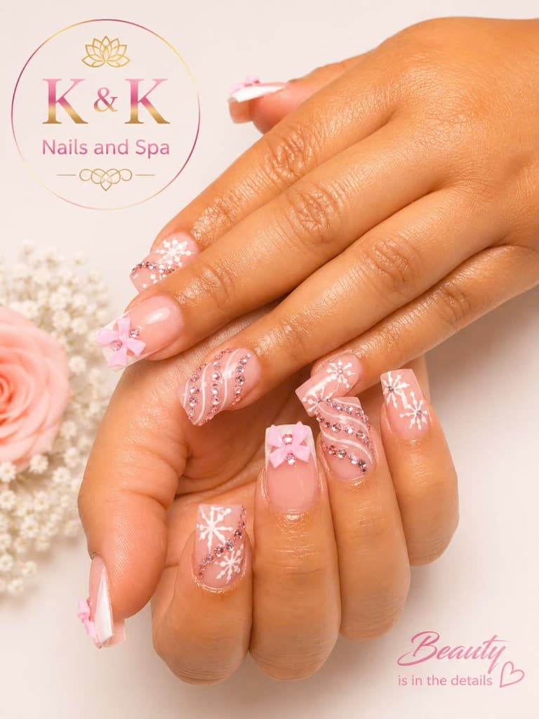 Winter snowflake and bow nail design